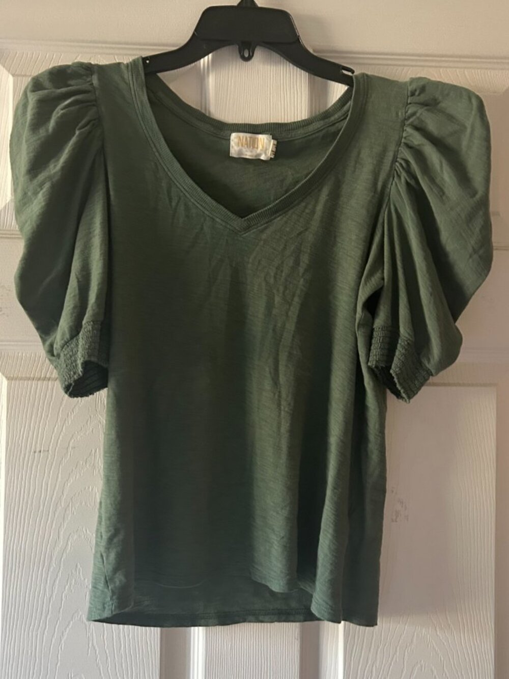 Nation LTD Celine Puff Sleeve Smocked Tee Pine Green Pima Cotton Size Small - Picture 13 of 14